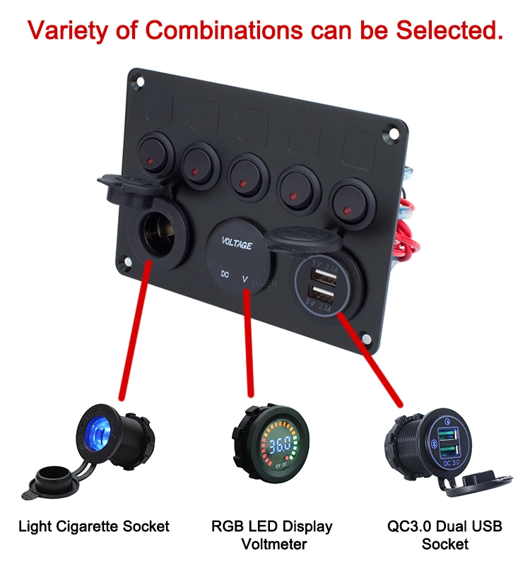 12V 24V IP65 5 Gang 4.2A Dual USB Charger Cigarette Light Socket Voltmeter Display on off Black Rocker Switch Panel